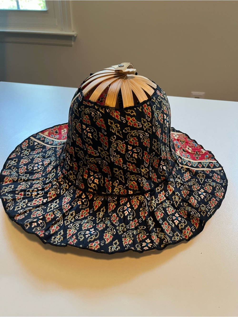 Black Floral Sun Hat with Bamboo Top brought from Thailand